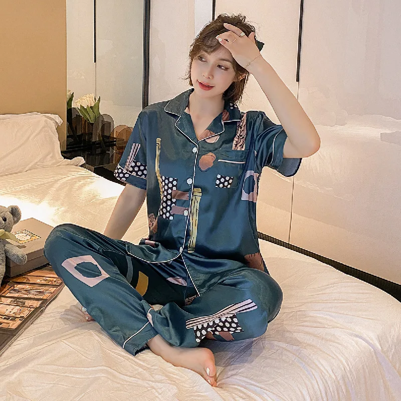 2021 New Ice Silk Imitation Silk Pajamas Women's Summer Short Sleeve Pants Nightwear Printed Cardigan Lapel Home Wear Sleepwear