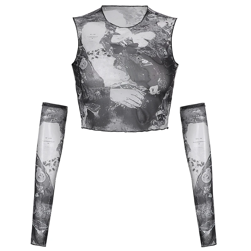 

Rockmore Goth Women'S T-Shirt With Arm Gloves Woman Vintage Print Crop Top Sleeveless T Shirt y2k Streetwear Tee Summer Female
