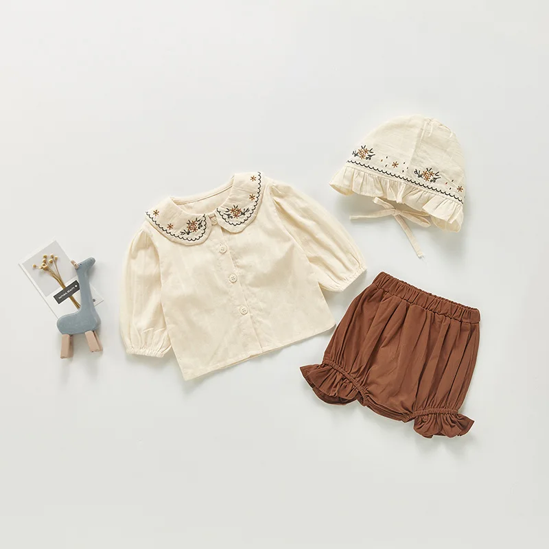 

2021 Baby Autumn Suit Baby Clothing Set Toddler Girls Clothes Suit Peter Pan Collar Blouse Shorts And Hat 3Pcs Suit