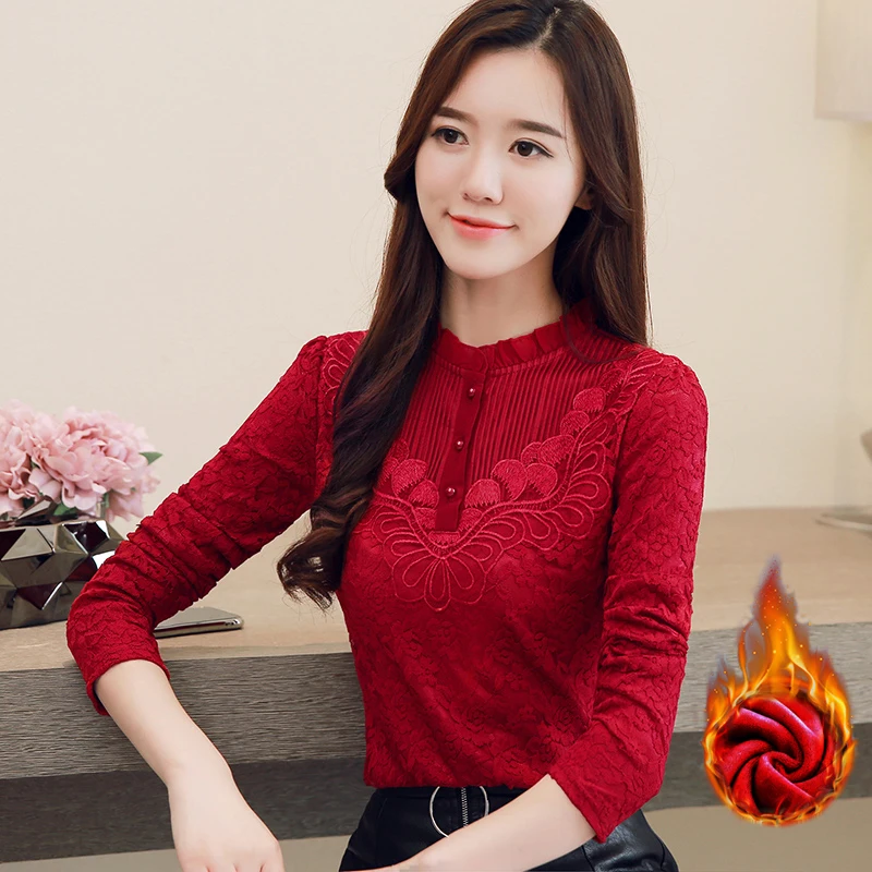 

Плюс бархатная утолщенная кружевная рубашка для женщин осень-зима размера плюс 2020 новая Корейская версия женская блузка с длинным рукавом ...