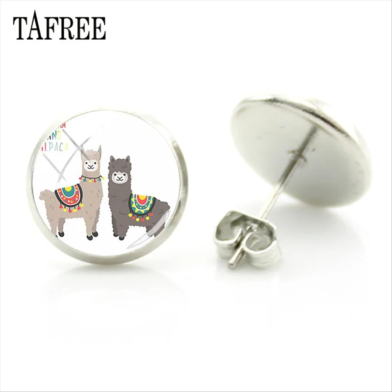 TAFREE, серьги-гвоздики из альпаки с изображением животных ламы, художественное изображение, стеклянный кабошон, очаровательные серьги для девочек и женщин, ювелирные изделия ручной работы, Gtifs YT13