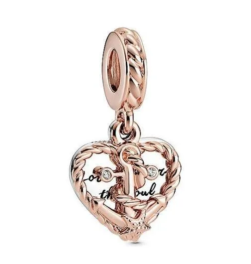 Аутентичные 925 стерлингового серебра Роза канат Heart &amp Якорь ЛЮБВИ кулон Шарм