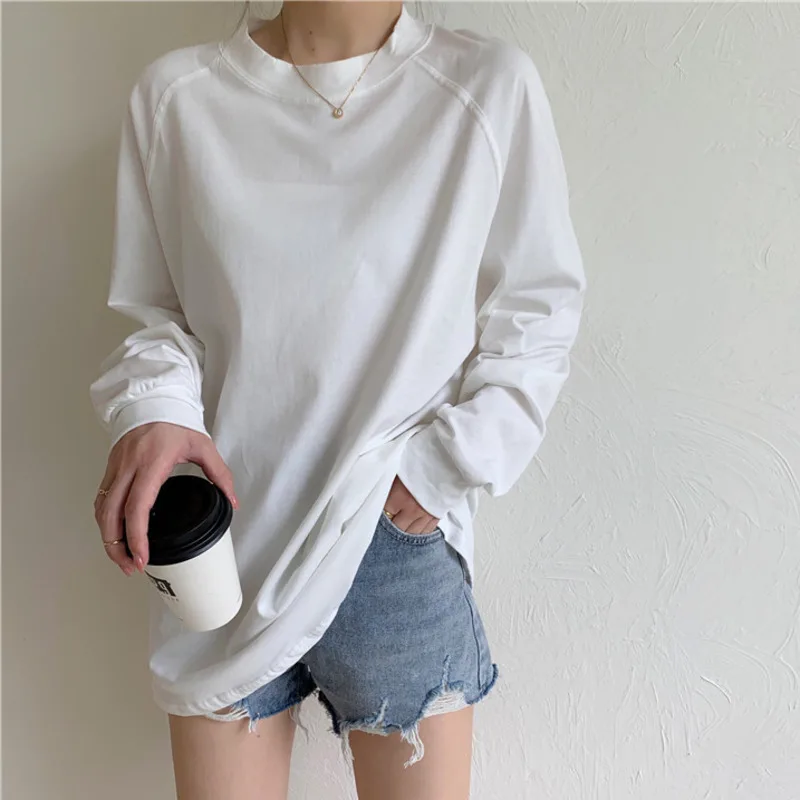 

Round Collar Drop Shoulder Woman Oversized Sweatshirts Solid Color Loose Casual Pullovers Spring Autumn Long Sleeve Cotton Tops