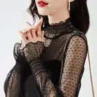 Женская футболка с высоким воротником, Сетчатая футболка с длинным рукавом, Женская Сексуальная кружевная одежда, женские облегающие базовые повседневные женские топы, одежда P3 101