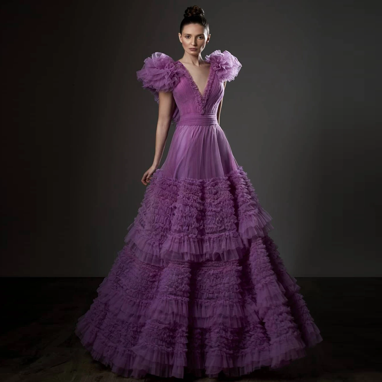 

High Quality Tulle Long Prom Gown Dresses Purple Extra Fluffy Layered Ruffles Evening Formal Dress Floor Length robe de soiree