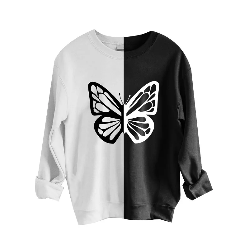

Autumn Raglan Long Sleeve Butterfly Print Pullover Sweatshirt Women's Top Black and White Stitching O-Neck hoodie vintage punk