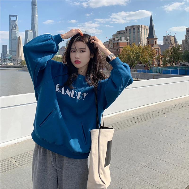 

XZ1023 2021 women loose round neck letter printing plus velvet thick hoodless casual long-sleeved Sweatshirts