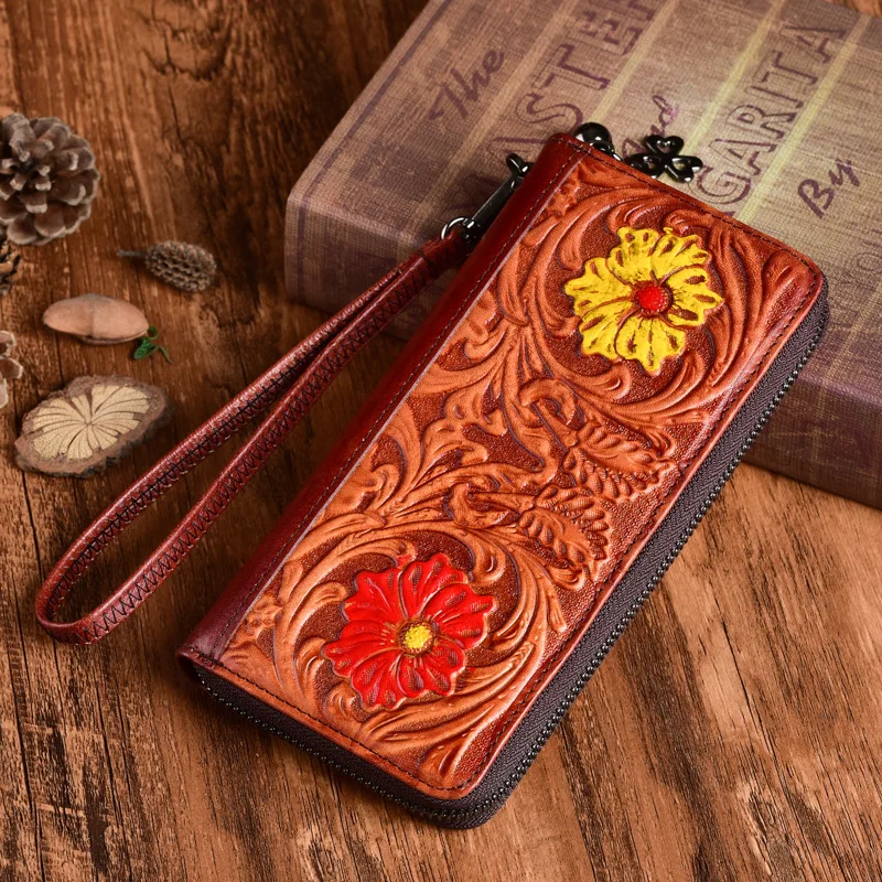 

The new head layer cowkin original laminate retro craft hand grab zipper bag, wallet.small women wallet purses for women purse