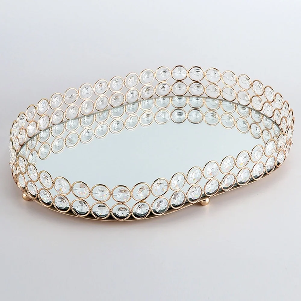

Golden Jewelry Storage Box Tray Glass Mirrored Crystal Cosmetic Make Up Organizer Home Decoration Rack Desktop Plate Tray