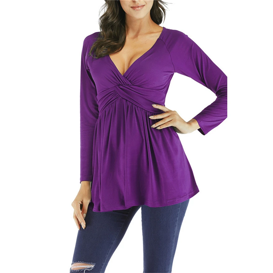 

Spring Summer Women's T-shirt Long Sleeve Top Oversized Female Clothing Polyester V Neck Plus Size Sexy Woman Tshirts