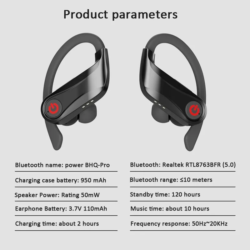 Q62 power HQB беспроводные V5.0 bluetooth наушники стерео гарнитура с ушным крючком спортивная Гарнитура с светодиодный цифровой дисплей зарядная коробка