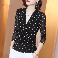 women spring summer style lace blouses shirts lady casual v neck polka dot printed lace blusas tops dd8051