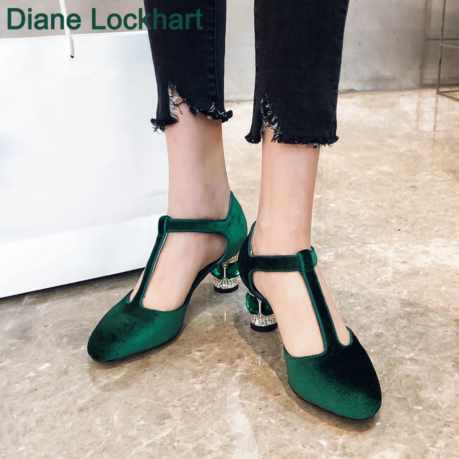 Emerald Agate Luxury Chunky Heel Wedding Shoes Jeweled High Heels T-strap Green Velvet Shoes Round Toe Mary Janes Pumps Women 39