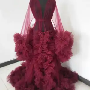 Women's Burgundy Photography Dress Sexy Robe Nightgown Ruffles Sleepwear Lace Tulle Bathrobe Pajamas in India