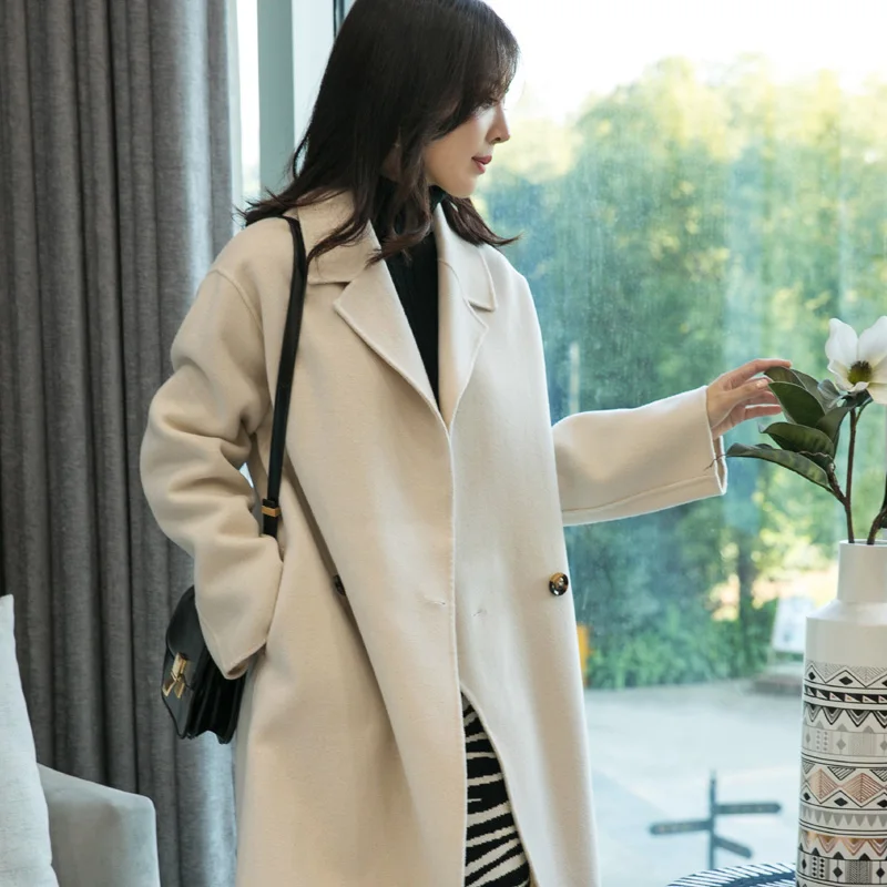 Женское кашемировое Двустороннее пальто из нейлона Свободное длинное шерстяное