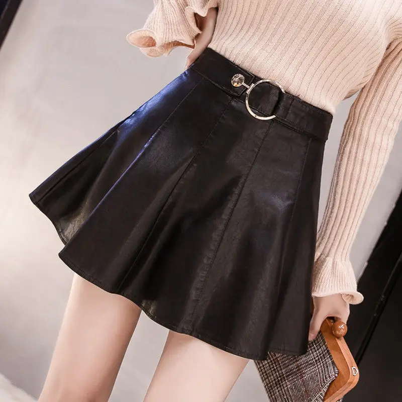 

MAGOGO Korean PU Women High-Waist Skirt College Style Pleated Skirt Slim All-Match Black Skirt