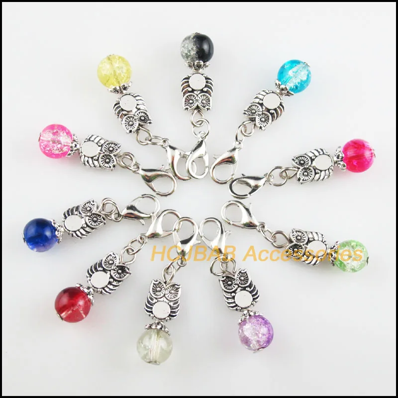 

10Pcs Tibetan Silver Tone Owl Retro Mixed Shivering Glass 8x19mm With Lobster Claw Clasps Charms