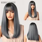 Генри MARGU длинные прямые синтетические парики с челкой синий Гари эффектом деграде (переход от темного к Косплэй вечерние парики для Для женщин природных термостойкие парики