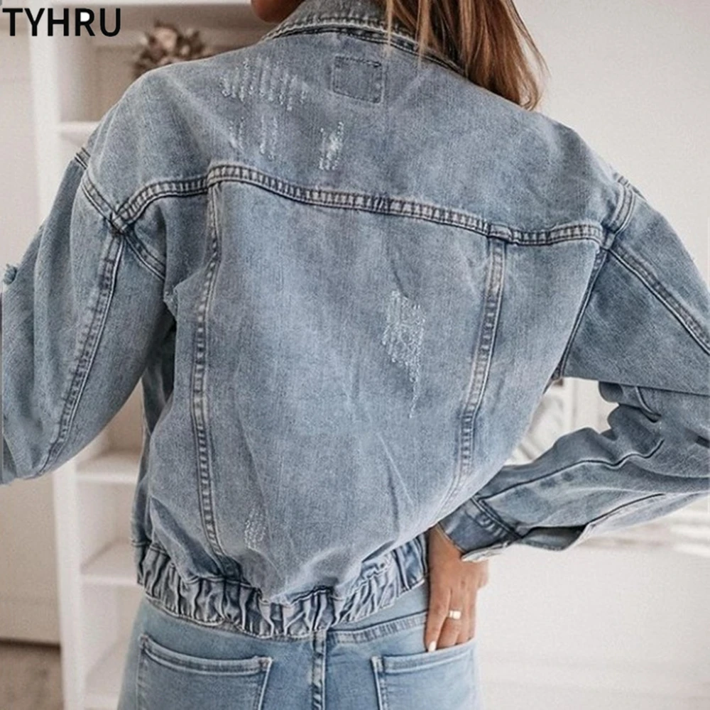 

women's Sexy Denim Jackets Casual Short Jean Jacket solid casual blue jackets autumn Hole loose jean coats female