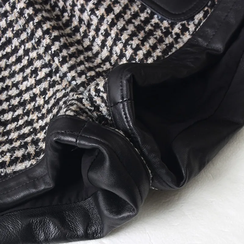 

Tweed 2021 New Women Patchwork Wide Leg Shorts Belted Elastic Waist Loose Fit Genuine Leather Shorts Casual Ladies Streetwear