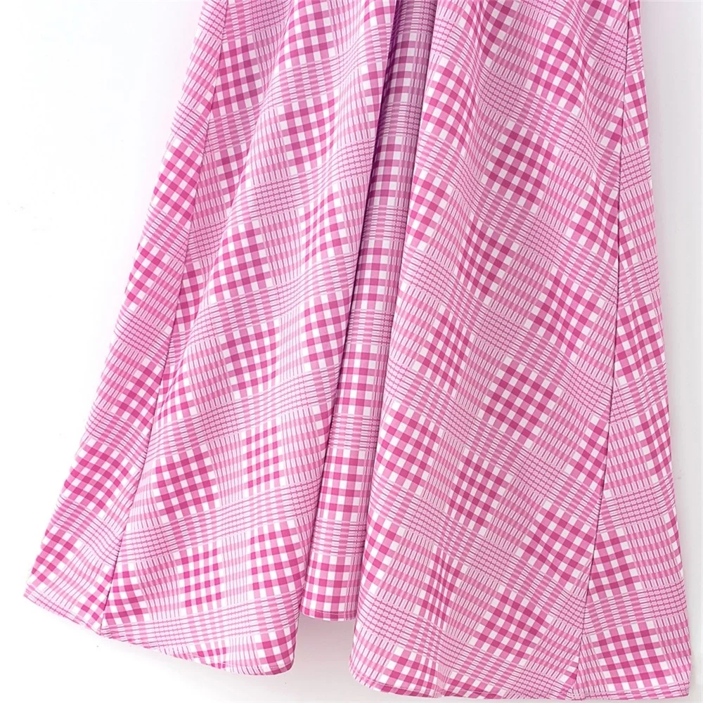 

2020 summer women's new French retro sexy V-neck plaid bubble sleeve high waist slim temperament dress