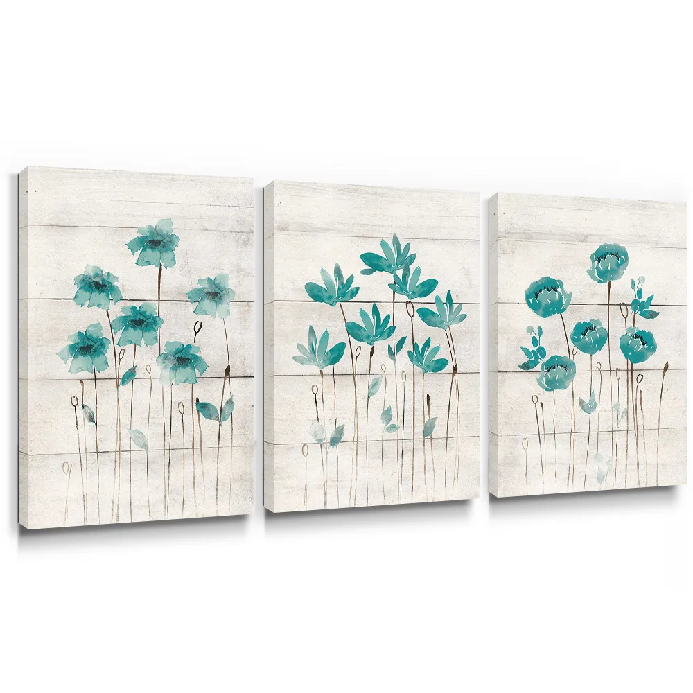 

Teal Farmhouse Decor Wall Art Canvas Paintings Flower Picture Botanical Poster for Modern Scandinavia Living Room Bedroom Decor