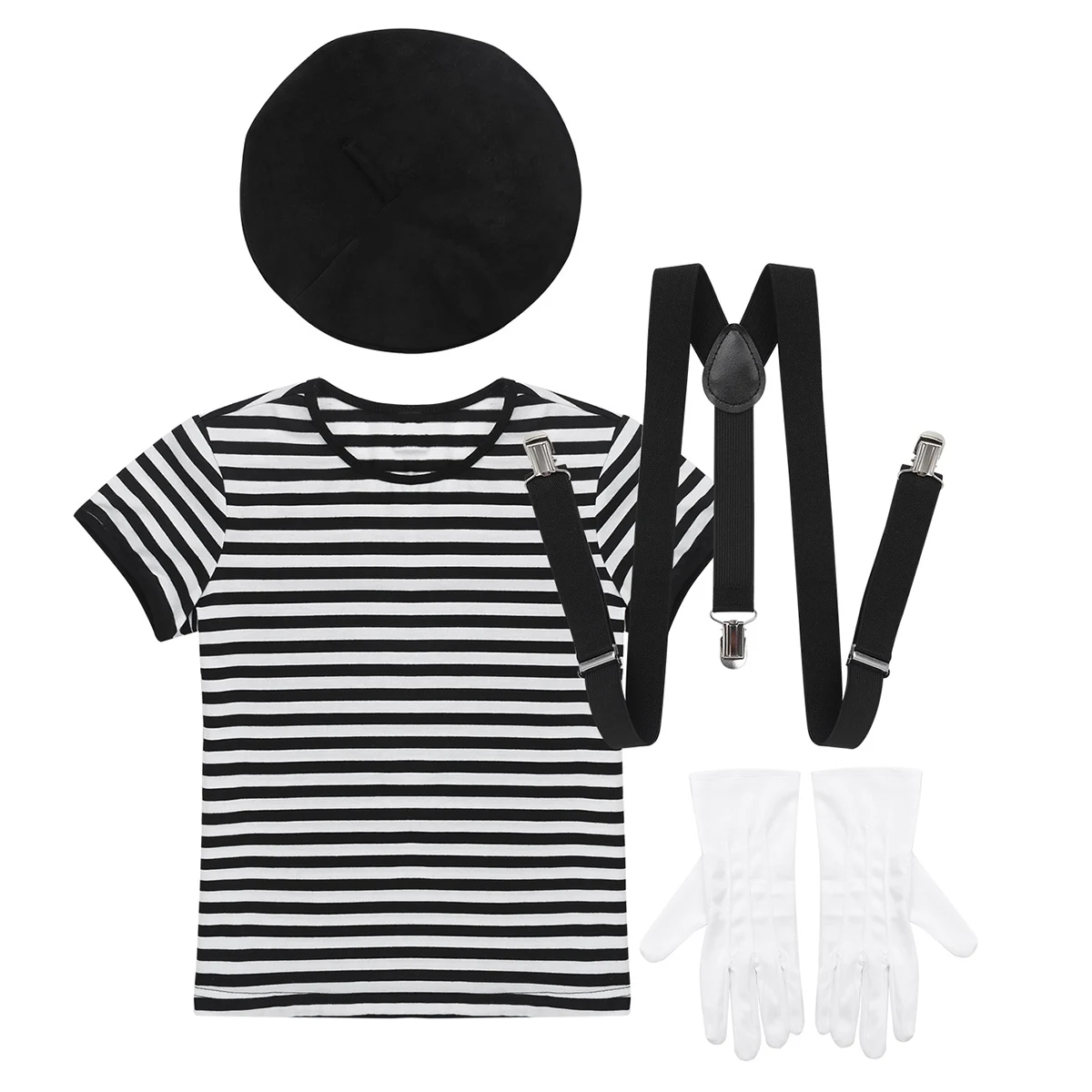 Kid Boys Girls French Mime Artist Fancy Dress Costume Unisex Striped T-Shirt Beret Gloves Suspenders Halloween Cosplay Outfit |