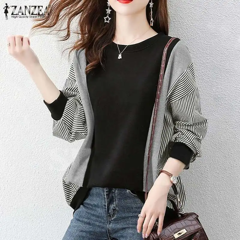 

Autumn Striped Printed Patchwork Blouse Women Oversized Long Sleeve O Neck Shirt ZANZEA Elagant Irregular Chemise Female OL Tops