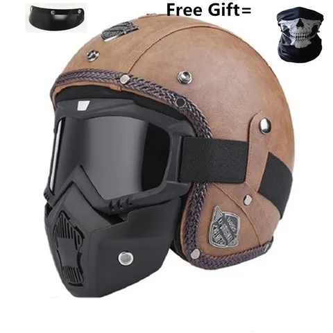 Кожаные мотоциклетные очки винтажные полушлемы мотоциклетный Байкерский круизер Скутер туристический шлем (М, коричневый) защитные очки для бесплатного подарка
