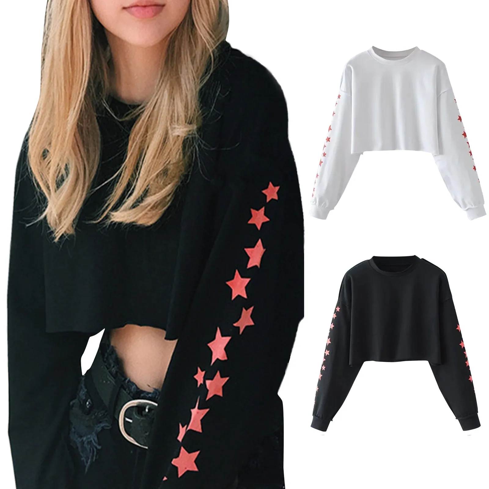 

Trendyland Women's Casual Five-Pointed Star Printed Sweatshirts Harajuku Vintage Round Neck Long Sleeve Short Style Pullover