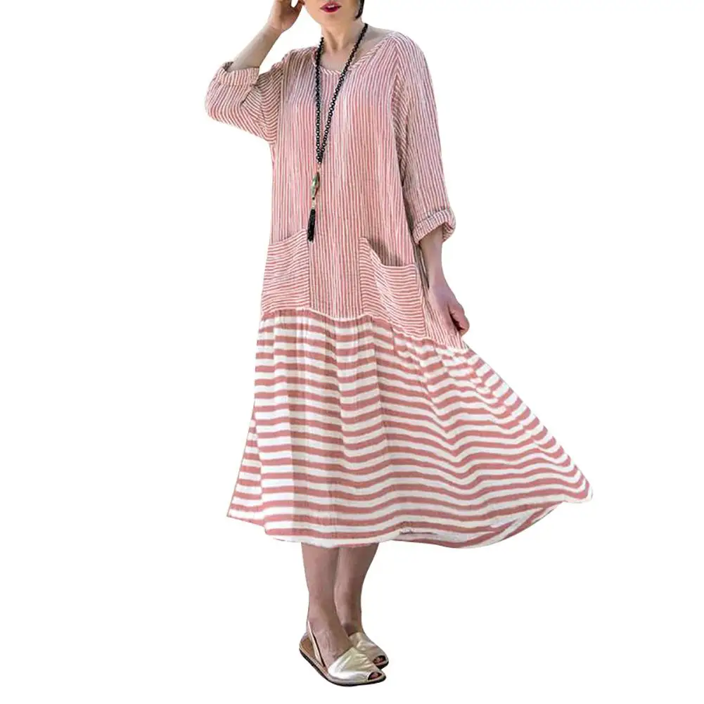 Женское винтажное платье-миди в полоску свободное платье с круглым вырезом и