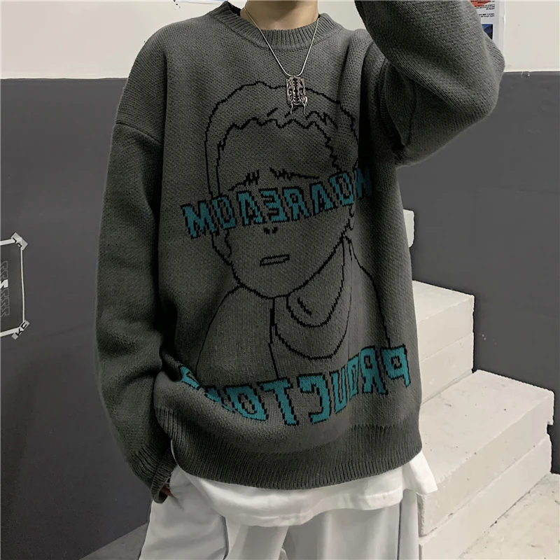 

Sweater Spring Women's Top Korean Ins Harajuku Style Cartoon Comic Letter Jacquard Loose Men Women Knitted Sweater Street Style
