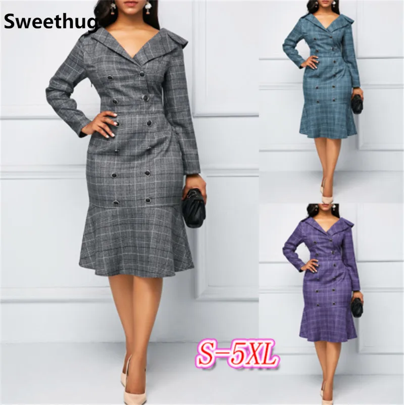 

2019 Spring And Autumn V-neck Long-sleeved Plaid Print Dress Party Leisure Office Long Paragraph Vestido Dress