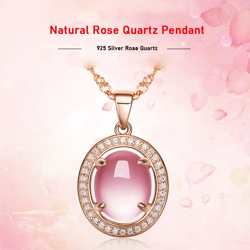 

Rose Gold Rose Quartz Pendant Necklace For Women Jewelry 925 Silver Color Crystal Pink Opal Gemstone Necklace Wedding Birthday