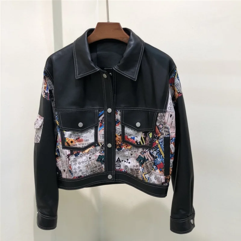

Short Length Coat Spring And Autumn Casual Clothes Genuine Leather Jacket Color Patterned Decoration Single Breasted