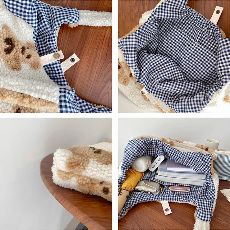 Women Lamb Like Fabric Shoulder Tote Bag Canvas Fluffy Fur Bear Handbags Large Capacity Soft Shopping Bags Girls Cute School Bag