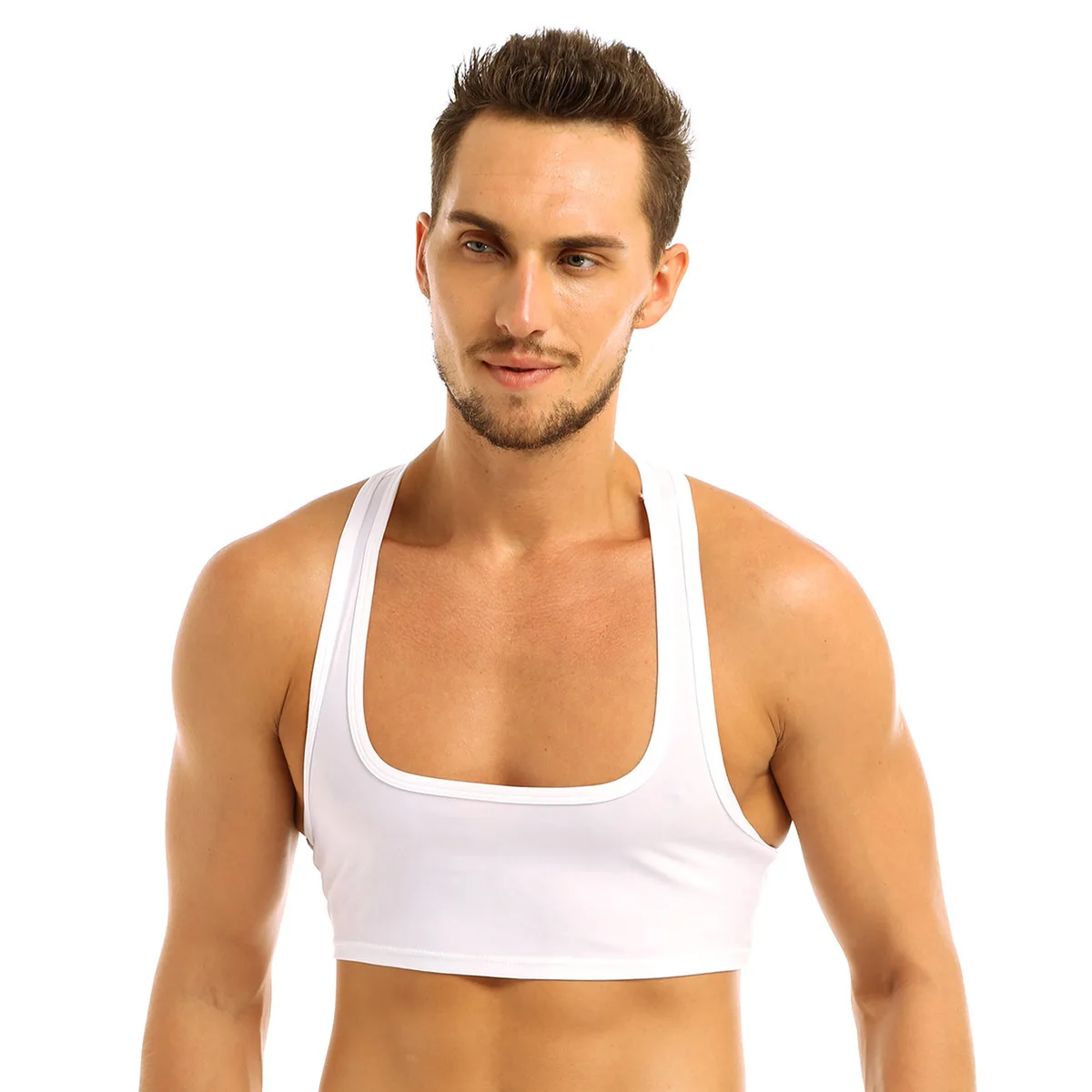 Мужские костюмы без рукавов, Y Back Muscle Half Summer, майка, майка, Клубная одежда, вечерние, сценические, укороченные топы