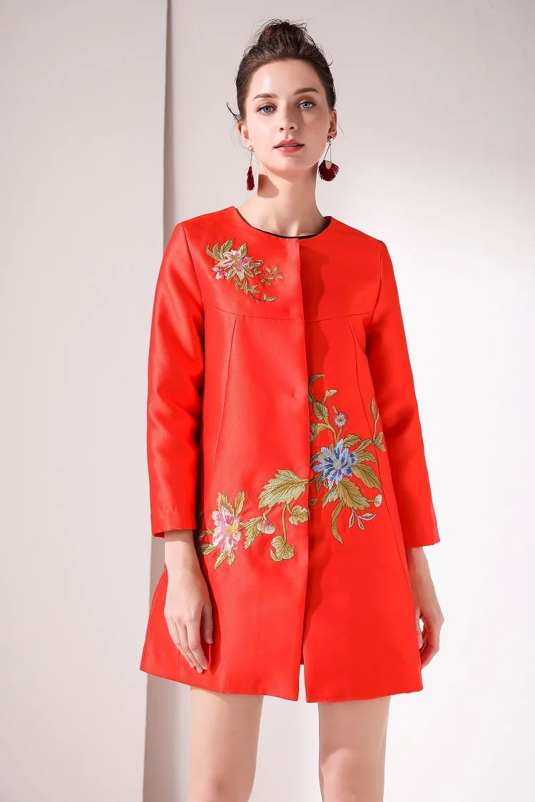 

Feminino 2021 Casacos Autumn Casual Overcoats Women Floral Embroidery Covered Button Vintage Dark Blue Red Coat Windbreakers XXL