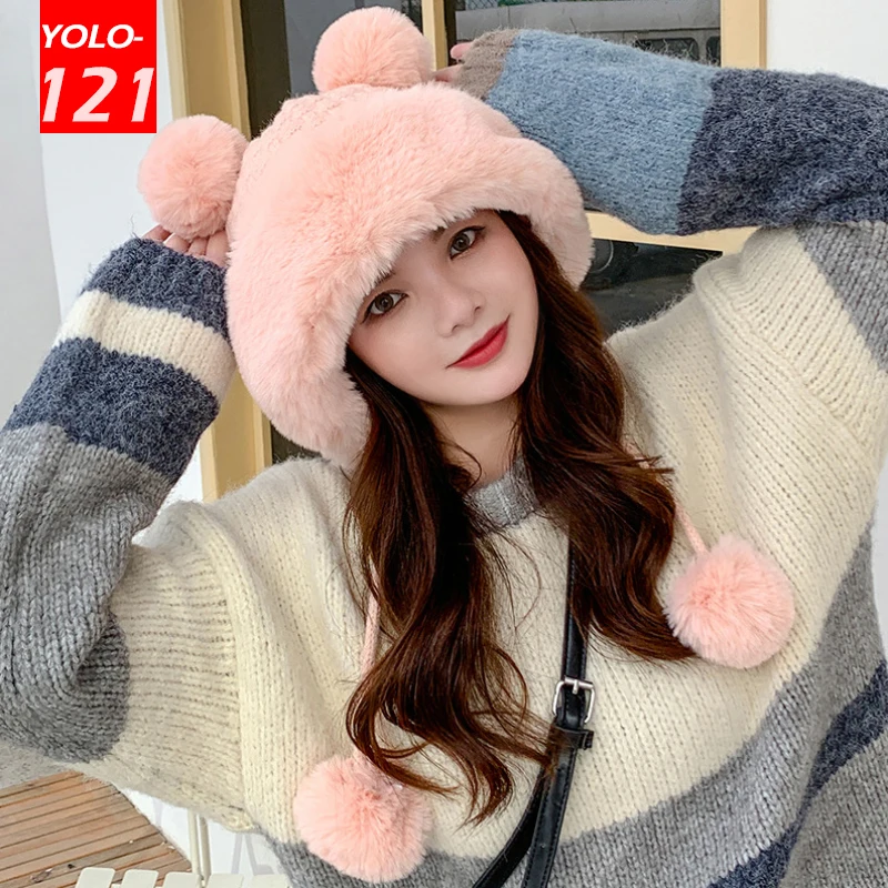 

Winter Hat Women Soft Fleece Fur Russian Hat Ladies Cute Pompom Snow Ski Trapper Earflap Cap Female Knitted Hat Keep Warm Bonnet