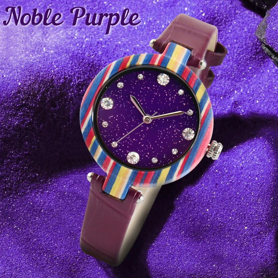 

Часы наручные женские кварцевые со стразами, модные очаровательные приталенные с кожаным ремешком, с циферблатом звездного неба, с деревян...