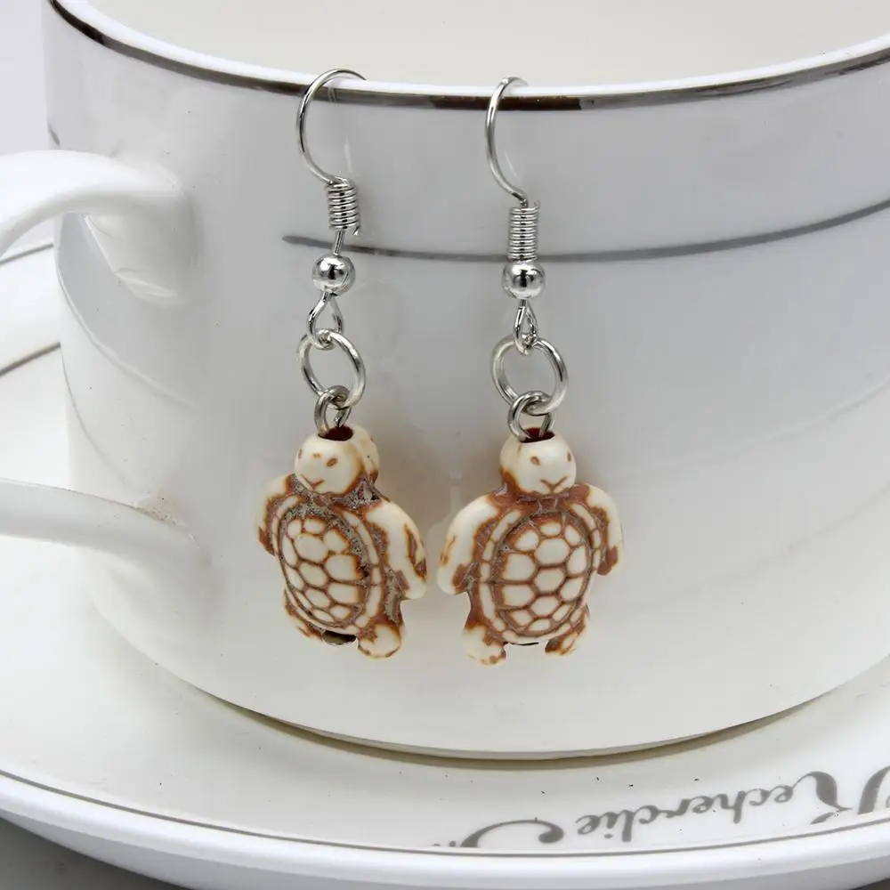 YingWu White Turtle Animal Turquoises Earrings for Women Stone Beads Dangle Earring Silver Tone Hook Jewelry | Украшения и
