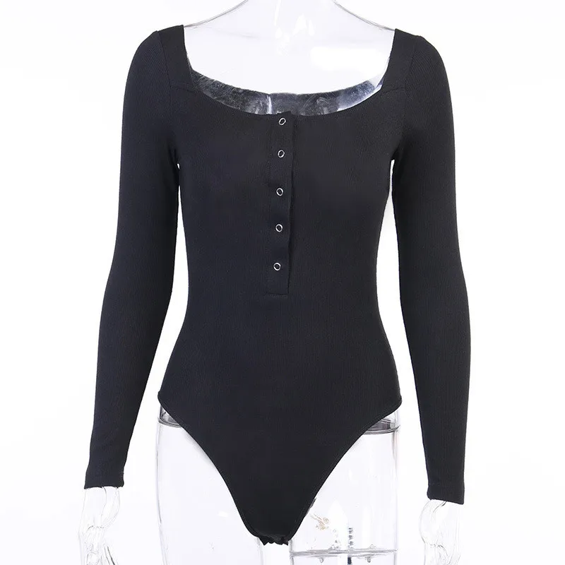 

New 2021 Ribbed Knit Button Bodysuit Ladies Jumpsuit Long Sleeve Tight Sexy Streetwear