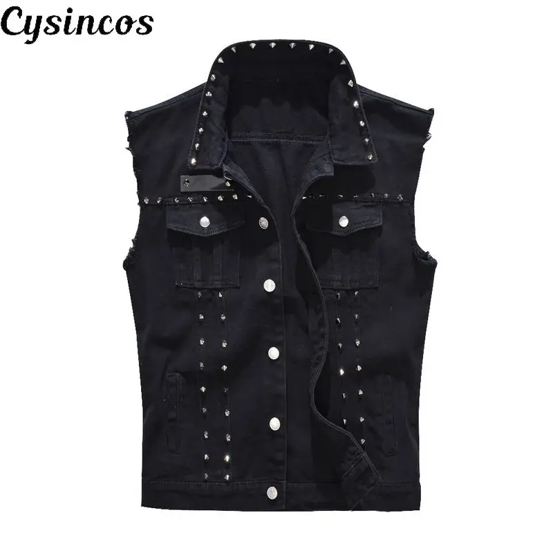 Мужская джинсовая жилетка CYSINCOS черная без рукавов потертая куртка в ковбойском