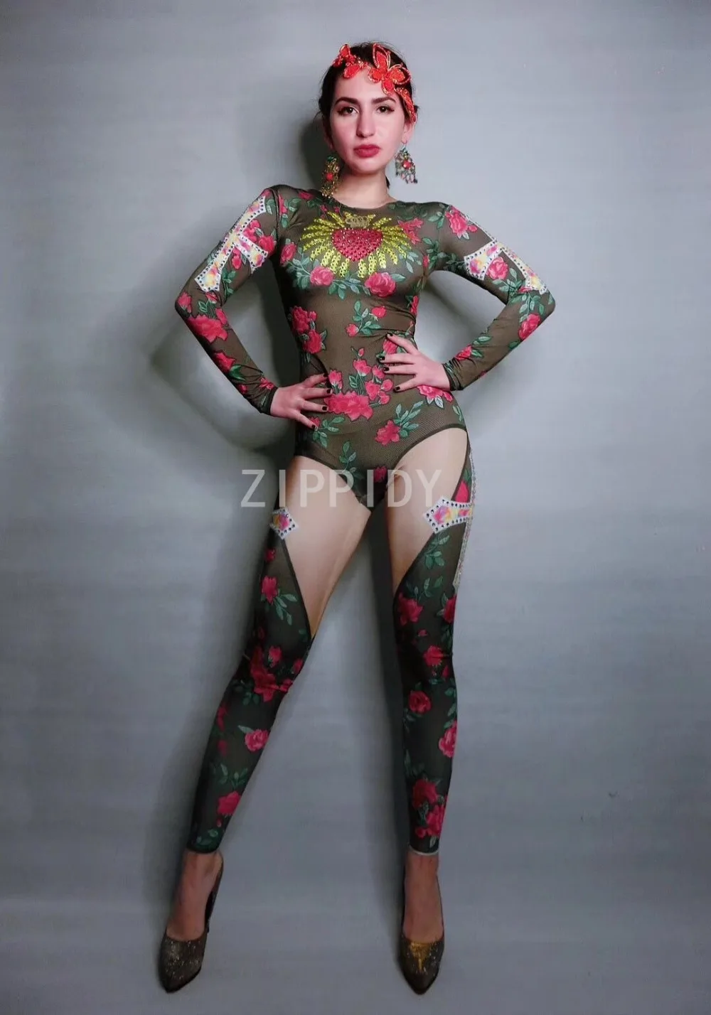 

Fashion Red Diamond Flowers Leaves Pattern Jumpsuit Prom Birthday Celebrate Bodysuit Women Singer Costume Stage Bar Outfit