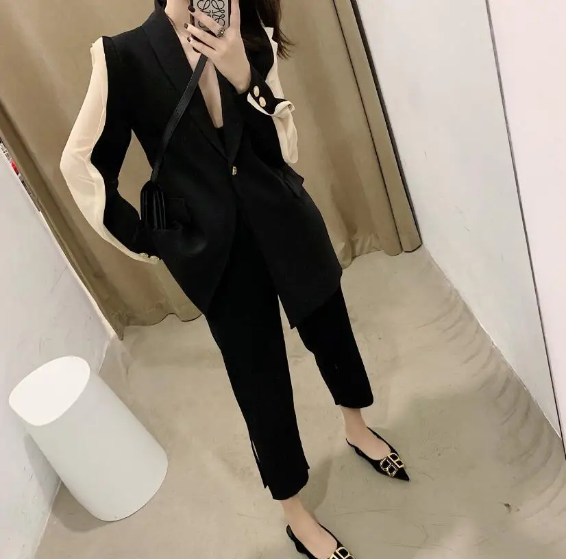 Женский винтажный блейзер с оборками черный пиджак контрастных цветов отложным