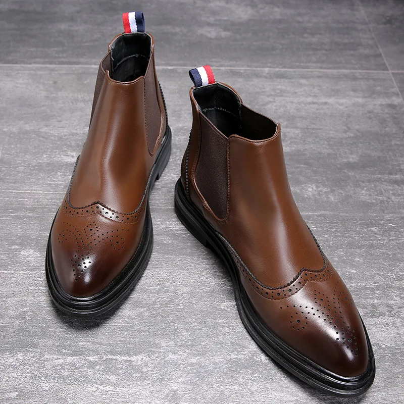 Мужские большого размера модные ботинки в стиле Челси черная коричневая коровья