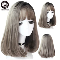 7jhh wigs omber ash brown wig with bangs for women 20 inch natural black straight hair heat resistant noble cosplay wigs