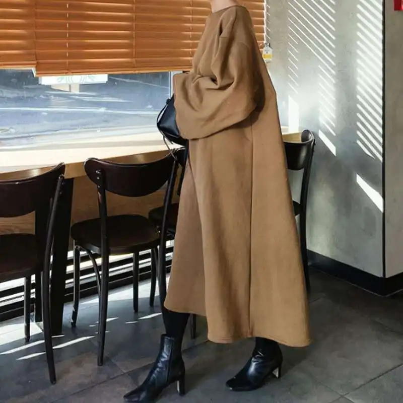 

IEQJ all-match 2021 autumn long-sleeved o-neck large size Korean style mid-calf yellow dress for female fashion tide 2A1636