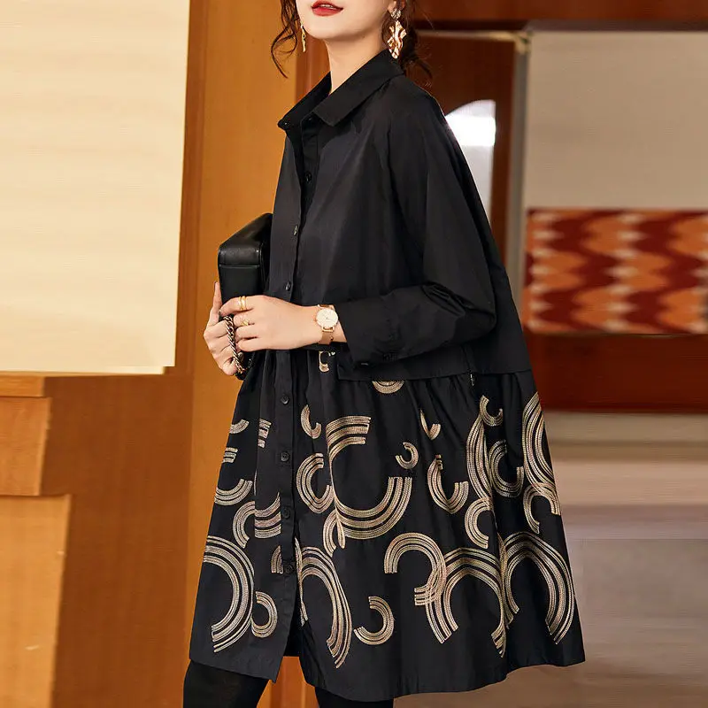 

women Trench Coat Embroidered Shirt Tops 2021 Spring Autumn New Coat Long-Sleeved Loose Mid-Length Large Size Outerwear Female