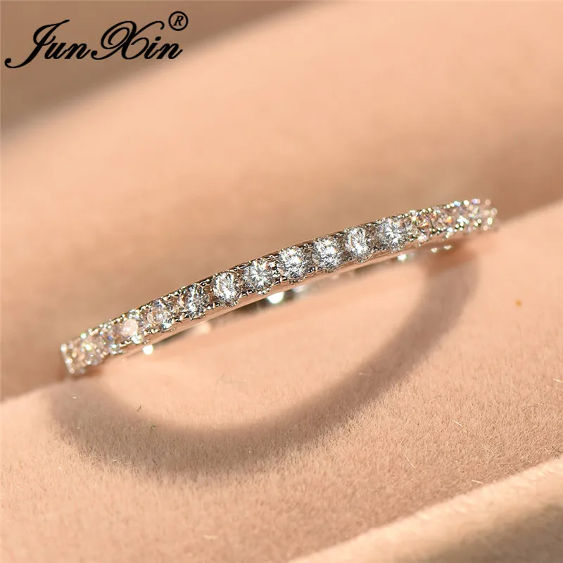 Silver Color JUNXIN шикарные стекируемые однорядные тонкие кольца для женщин Серебряный цвет круглый циркон белый камень кольцо минималистичное свадебное ювелирное изделие - Цвет основного камня: Silver Color
